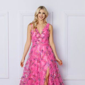 NEW LONG A-LINE SLEEVELESS RUCHED DRESS WITH V-NECKLINE & FLORAL PRINT NX E1445